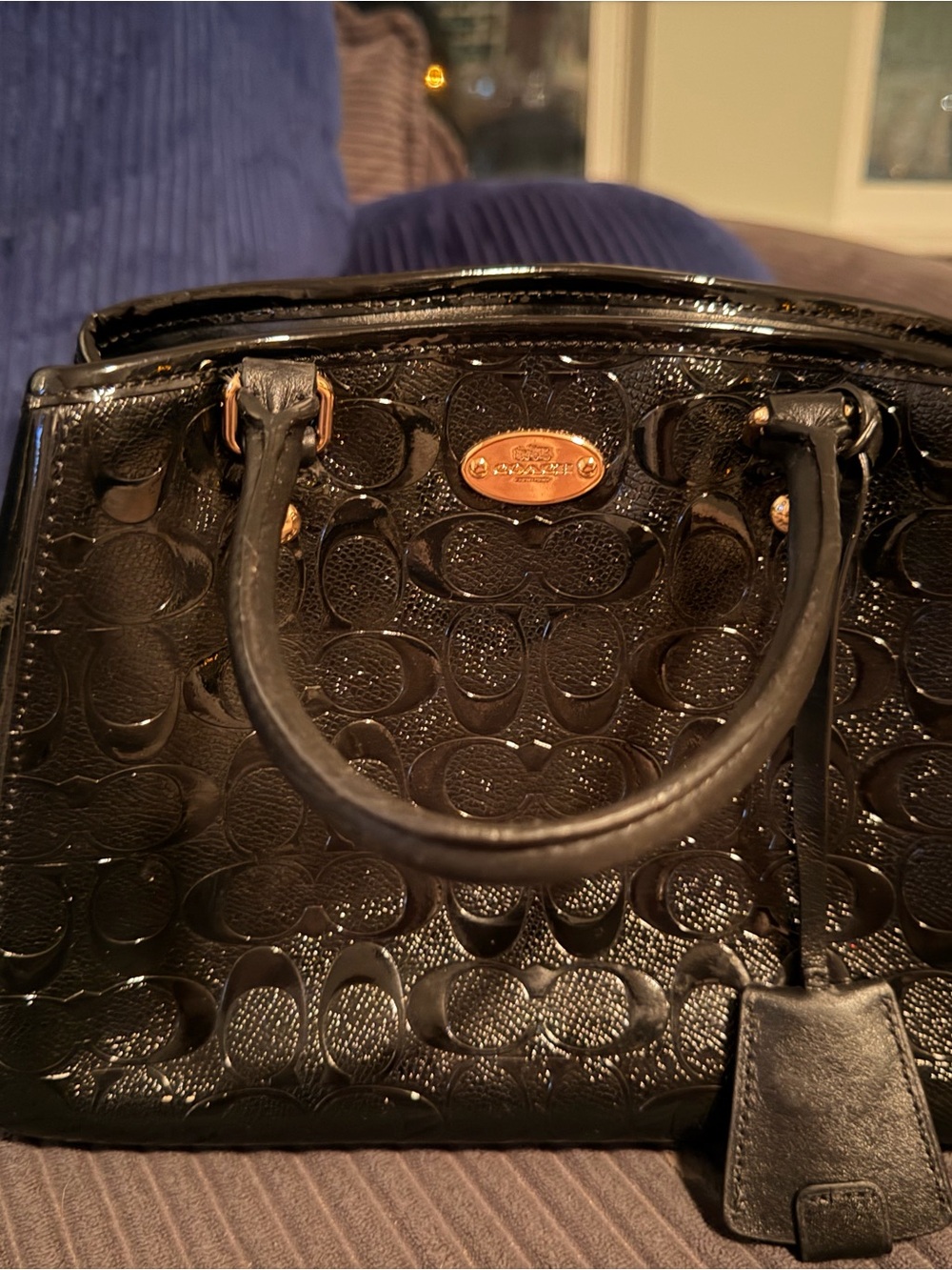 Coach Black Patent Logo-Embossed Satchel with Gold Hardware